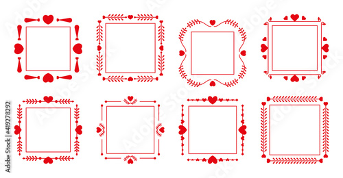 Set of decorative red frame elegant with heart romantic. Ornamental graphic decor border for text wedding invitation card, certificate, menu, book page. Frames isolated on white vector illustration