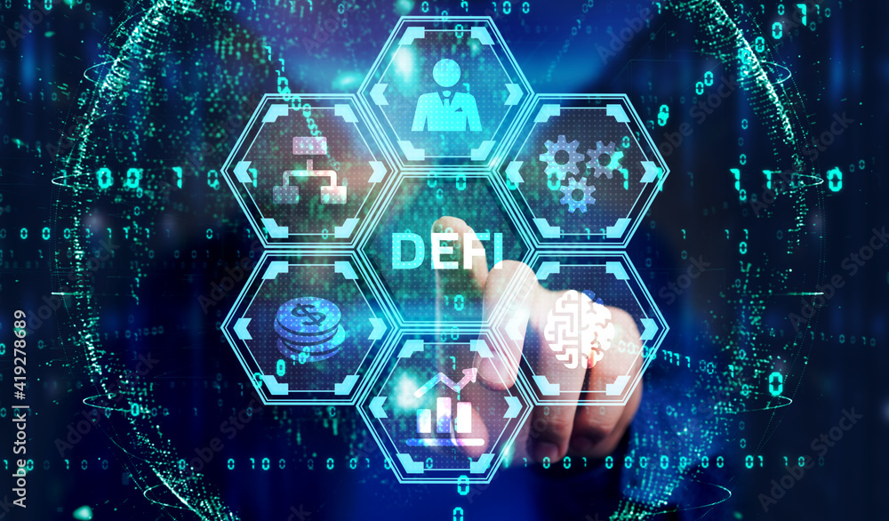 Fototapeta premium DeFi -Decentralized Finance on dark blue abstract polygonal background. Concept of blockchain, decentralized financial system.