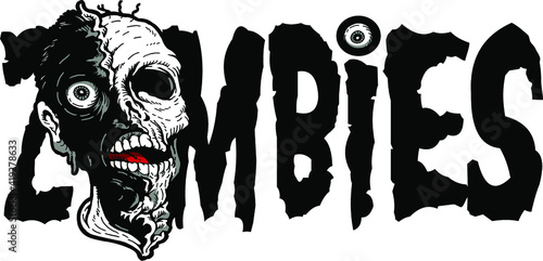 scary zombies design with zombie mascot head and eyeball for school halloween decorations or party signs