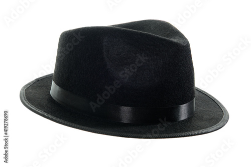 Gangster black fedora hat isolated on a white background.
