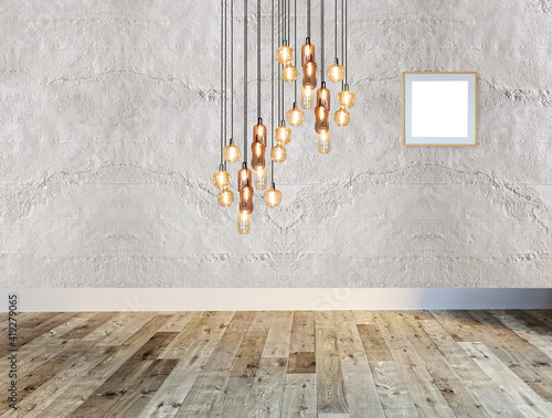 grey stone wall empty room and interior design  hanging lamp. 3D illustration