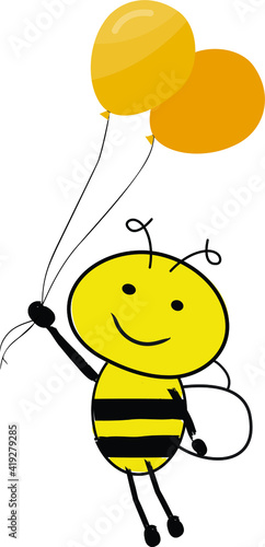 Cartoon cute bee smiling and holding balloons. Flying away happy.