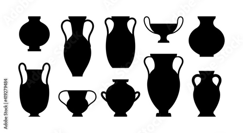 Greek Vases Black Silhouettes in A Simple Style. Vector Illustrations of various Clay Vessels for creating Patterns, Prints, Posters, Collages, Logos, and more.