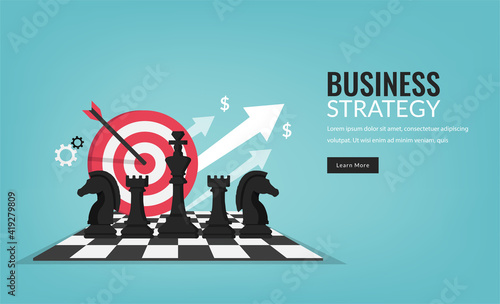 Business strategy concept with chess pieces symbol and target vector illustration.