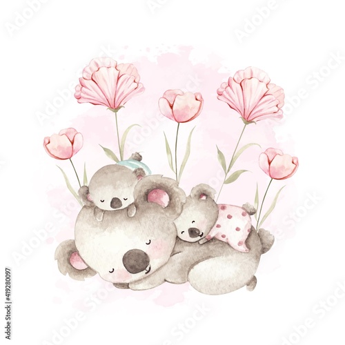 Watercolor koala with her kid