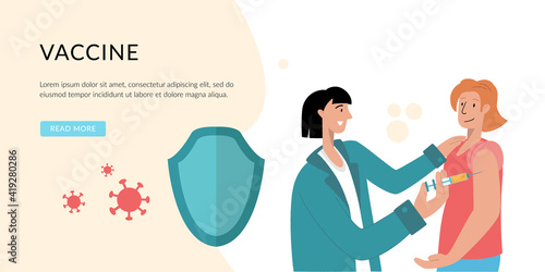 Vaccine against COVID-19 virus. Prevention injection, immunization. Coronavirus infection treatment. A black doctor holds a large syringe and a virus vaccine in his hands. Vaccination.