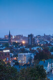 USA, Maine Portland. City skyline from Munjoy Hill at dusk.