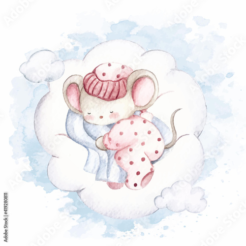 Watercolor cute unicorn sleeping on the cloud