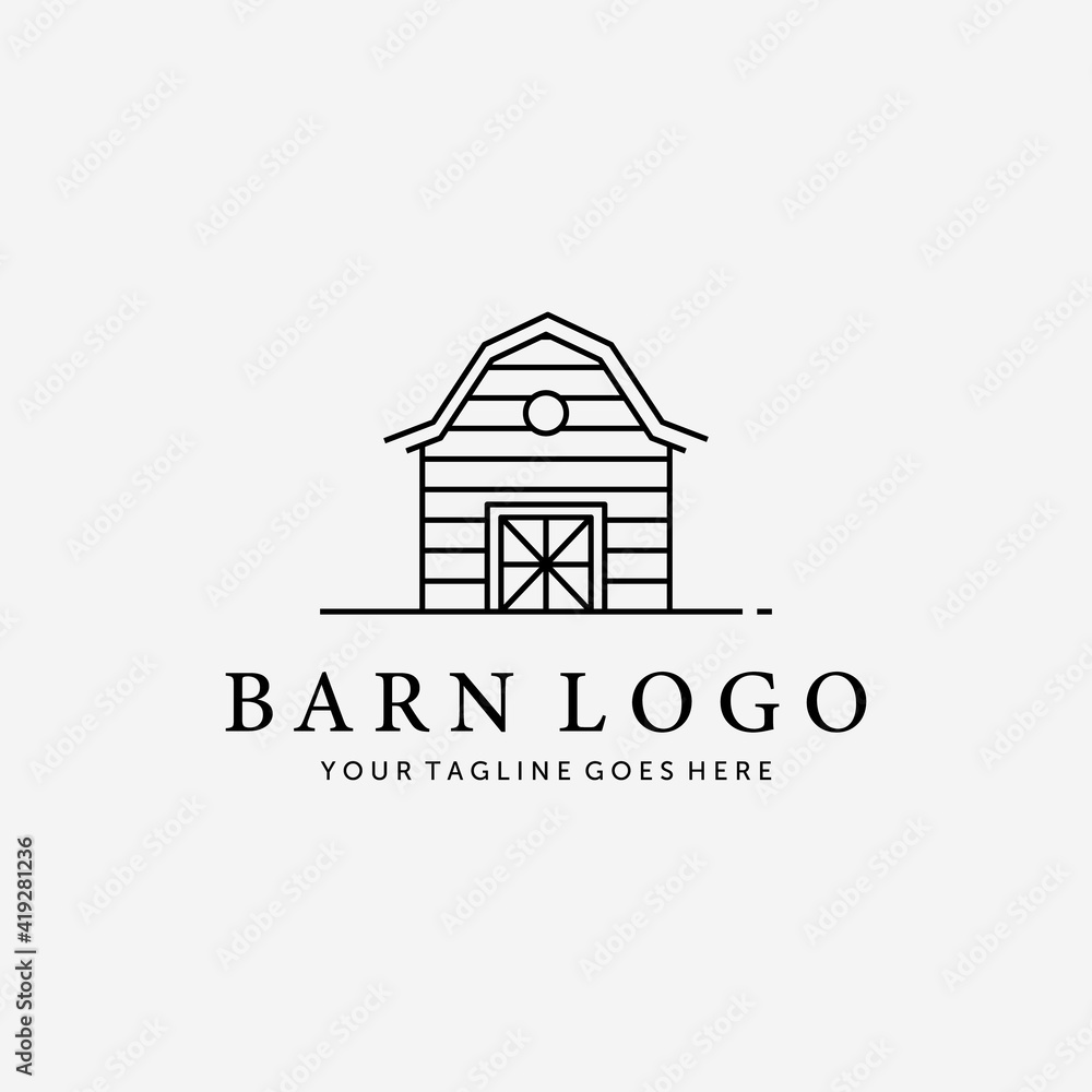 Wooden Barn House Line Art Vector Logo, Illustration Vintage Design of Cabin Cottage Old Red Barn Hut Concept