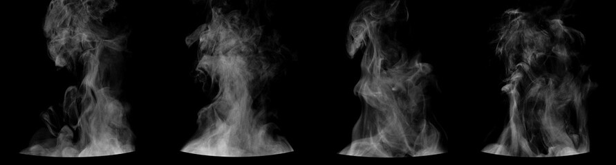 Set of steam from round dishes - pots, mugs or cups isolated on black background