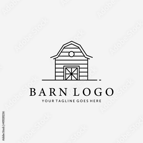 Wooden Barn House Line Art Vector Logo, Illustration Vintage Design of Cabin Cottage Old Red Barn Hut Concept