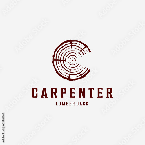 Wooden Log Timber Lumber Jack Vintage Line Art Logo, Illustration Design of Carpentry Carpenter Concept