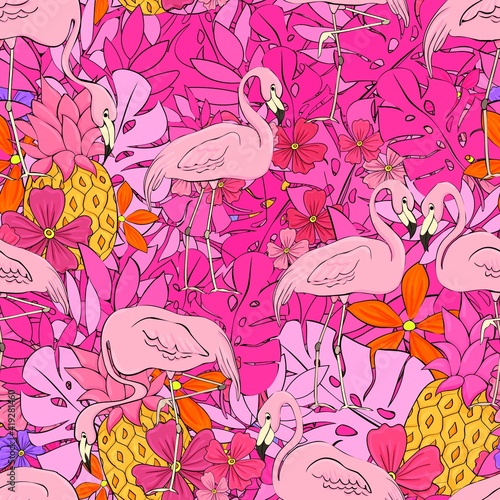 Flamingos on a background of tropical leaves and flowers. Seamless pattern. Flamingo cartoon print. Vector clipart element for design of fabric, paper, wallpaper, backgrounds.