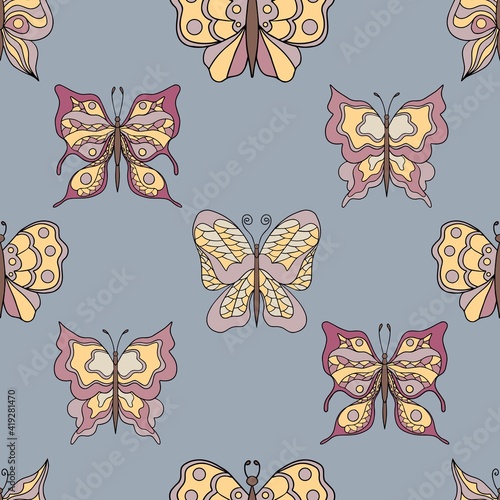 Beautiful butterflies. Seamless pattern. Pastel colors. Collection of isolated flat cartoon vector illustrations.