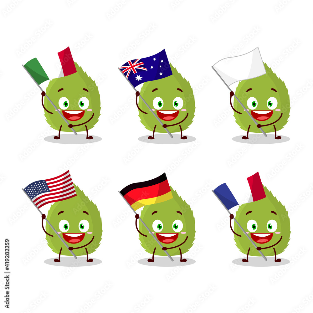 Basil leaves cartoon character bring the flags of various countries Basil leaves cartoon character bring the flags of various countries