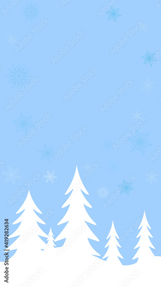 White christmas tree on blue shadow vertical background. Winter background tree and sky.