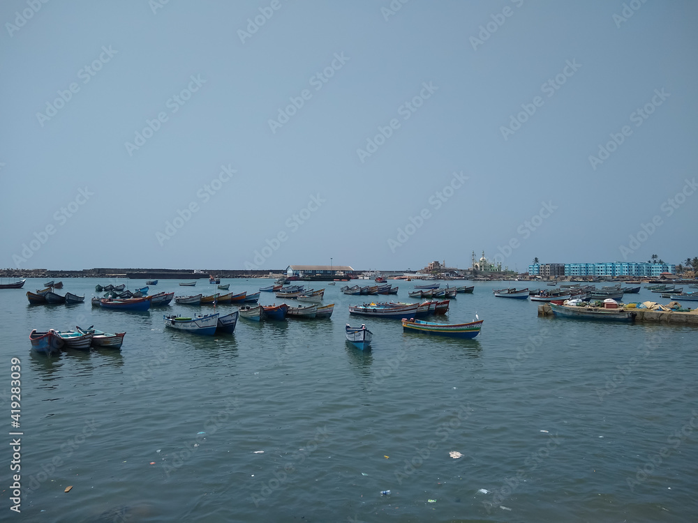 Fototapeta premium Fishing boats, Vizhinjam harbor, Thiruvananthapuram Kerala