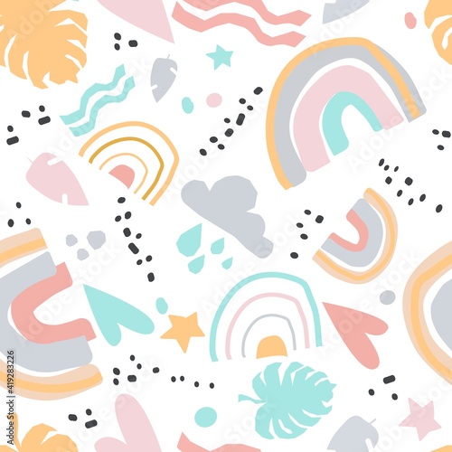 Fluid color badges set. Abstract shapes. Beautiful exotic plants. Trendy summer Hawaii print. Seamless pattern