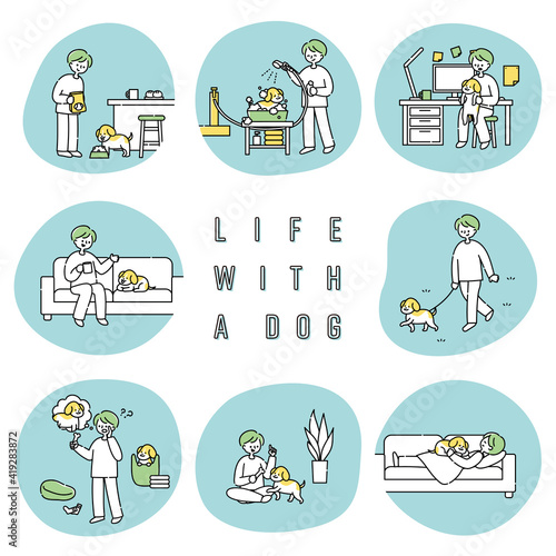犬と一緒に生活する男性のイラストセット