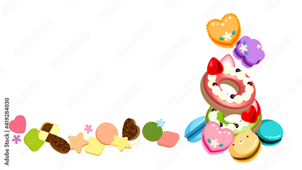 丸・花・ハートの形をしたカラフルなマカロンと2つのデコレーションドーナツ|Colorful macaroons in the shape of circles, flowers and hearts and two decoration donuts 丸・花・ハートの形をしたカラフルなマカロンと2つのデコレーションドーナツ|Colorful macaroons in the shape of circles, flowers and hearts and two decoration donuts