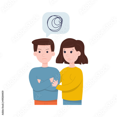 A woman supports an angry man. Friendly and family support concept.