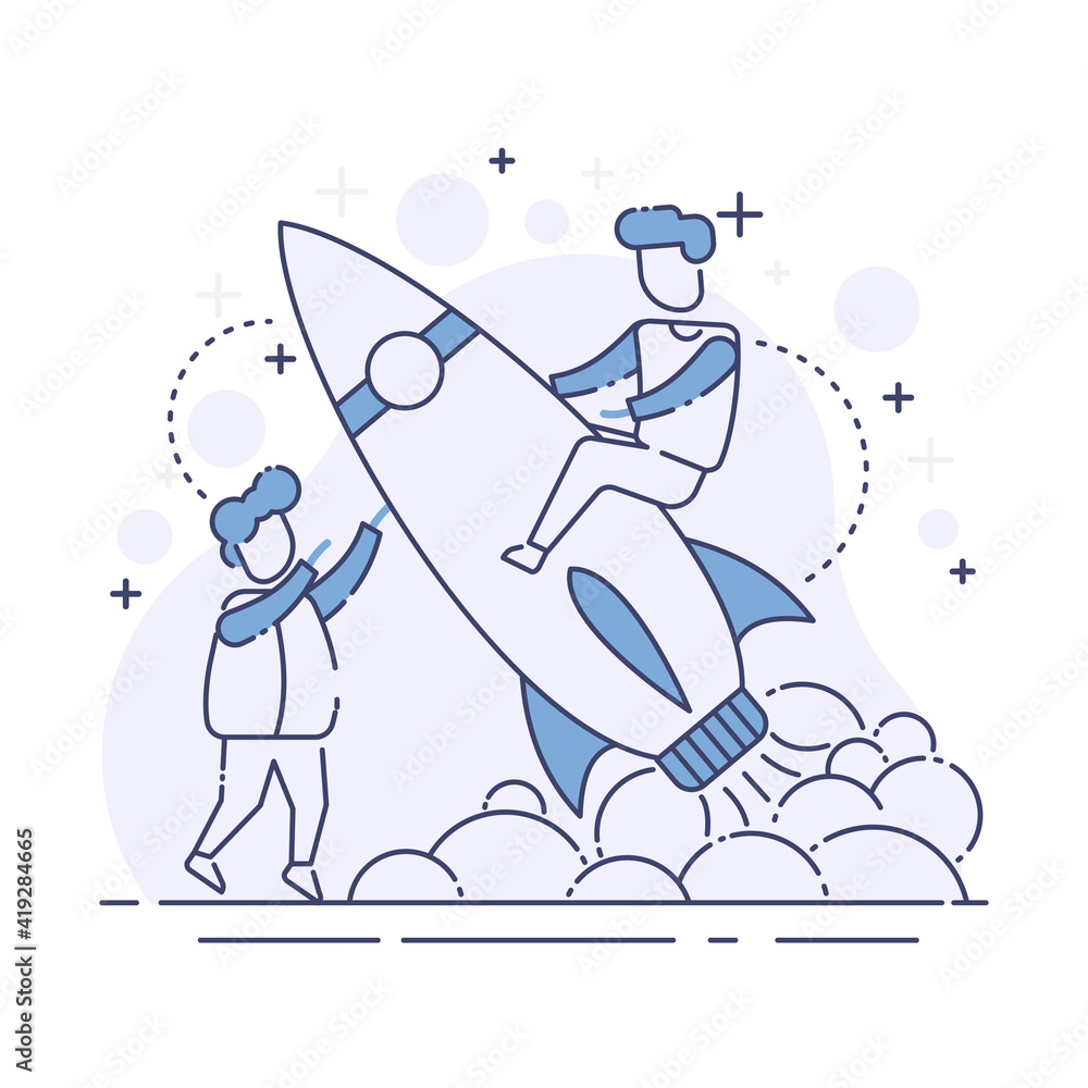 Flat Vector Illustration man flying with rocket