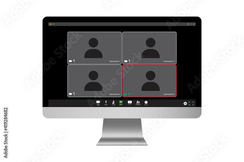 Zoom on the monitor. Online class. Video call screen template. Team meeting online. business webinar chat. Stock image. EPS 10.
