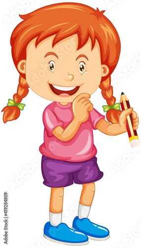 A girl holding a pencil cartoon character isolated on white background