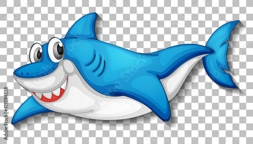 Smiling cute shark cartoon character isolated on transparent background