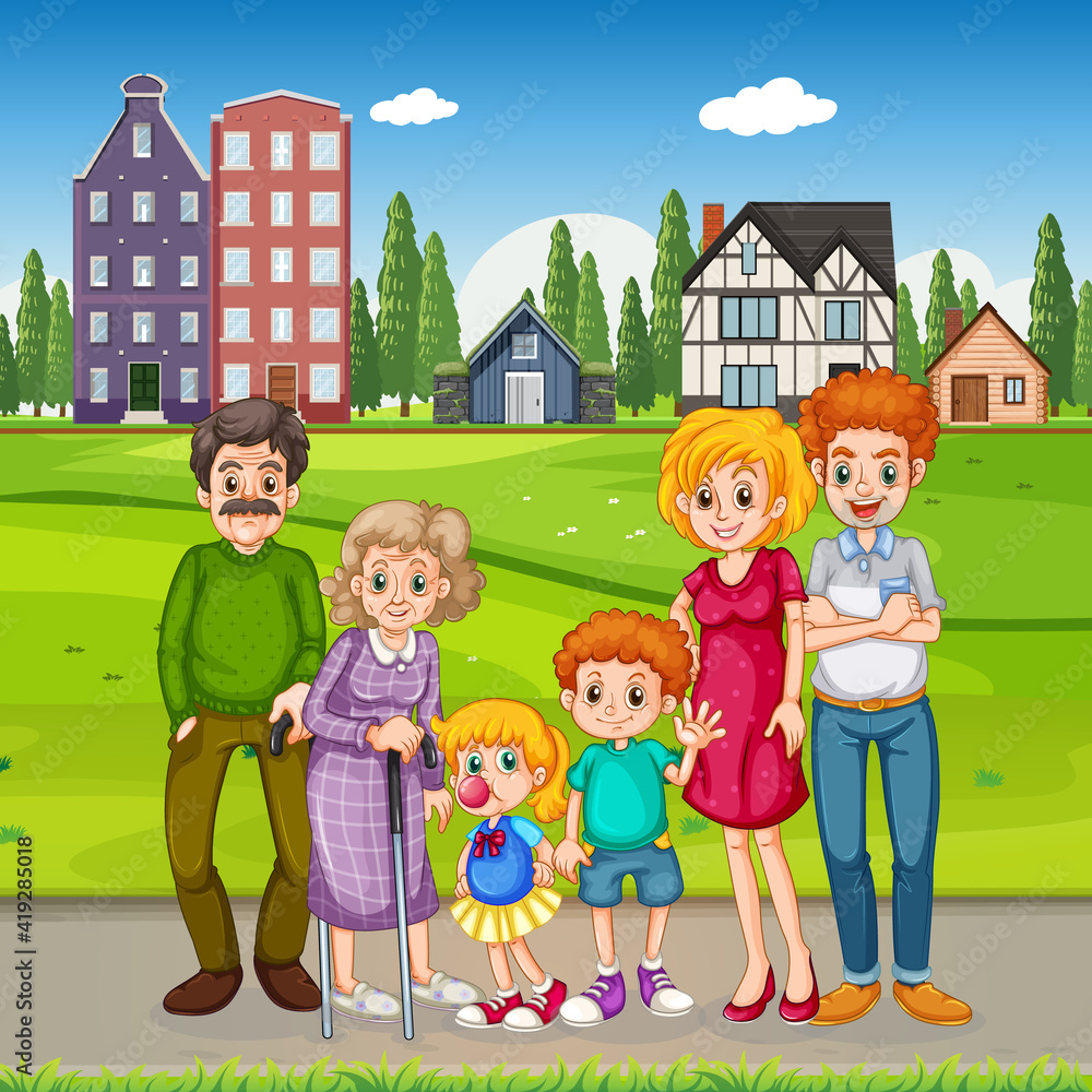 Outdoor scene with happy family