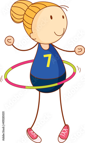 Cute girl playing hula hoop cartoon character in hand drawn doodle style isolated