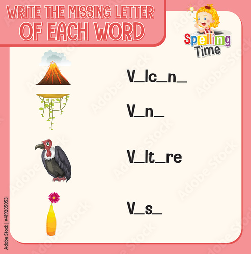 Write the missing letter of each word worksheet for children