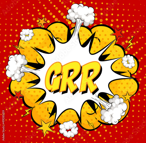 GRR text on comic cloud explosion on red background
