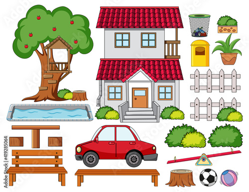 A house with outdoor decoration set isolated
