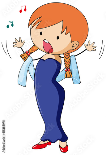 Singer girl's singing doodle cartoon character isolated