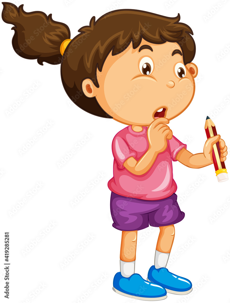 Happy girl cartoon character holding a pencil Happy girl cartoon character holding a pencil