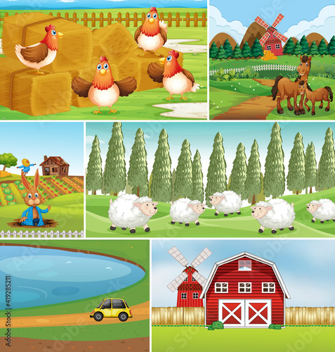 Set of different farm scene with farm animals