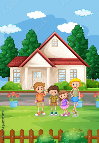 Outdoor house scene with many children