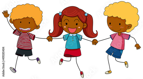 Three kids holding hands cartoon character hand drawn doodle style isolated
