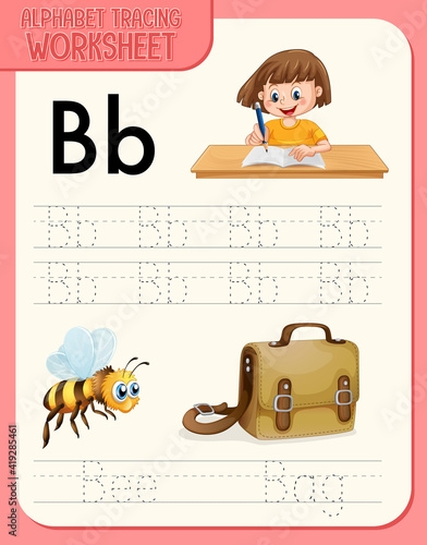 Alphabet tracing worksheet with letter and vocabulary