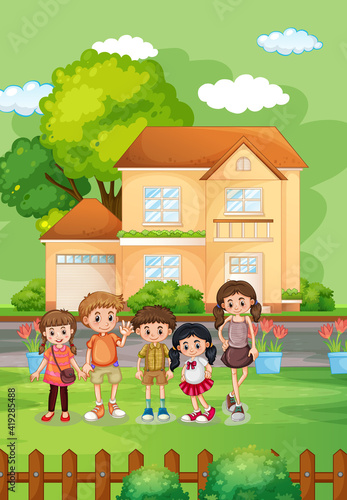 Outdoor house scene with many children