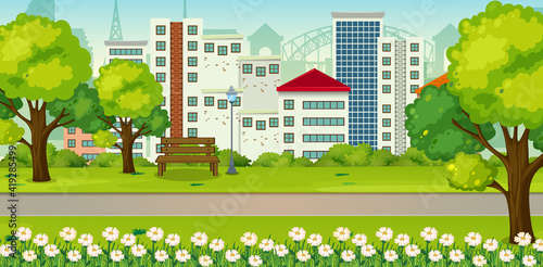 Park outdoor scene with many building in background