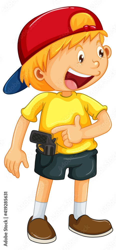 A happy boy with gun toy on white background A happy boy with gun toy on white background