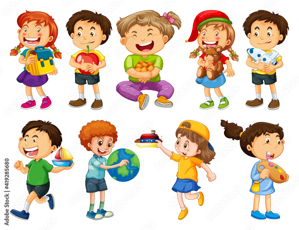 Set of different kid cartoon character isolated on white background