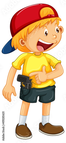 A happy boy with gun toy on white background
