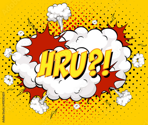 HRU text on comic cloud explosion on yellow background