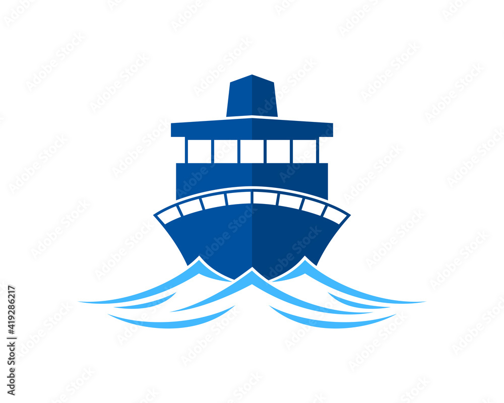Cruise ship sailing on the blue wave logo Cruise ship sailing on the blue wave logo