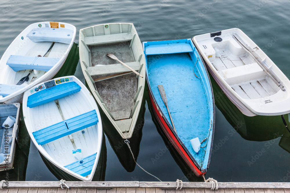 USA, Massachusetts, Cape Ann, Rockport. Rockport Harbor, small dories USA, Massachusetts, Cape Ann, Rockport. Rockport Harbor, small dories