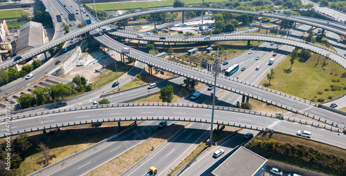 Aerial view of high-level highway interchange in Barcelona, Spain