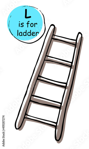 Long wooden metal step ladder. Hand drawn cartoon sketch style vector illustration, black, brown isolated on white background. Concept for kids children learning material, alphabet, wrapping print